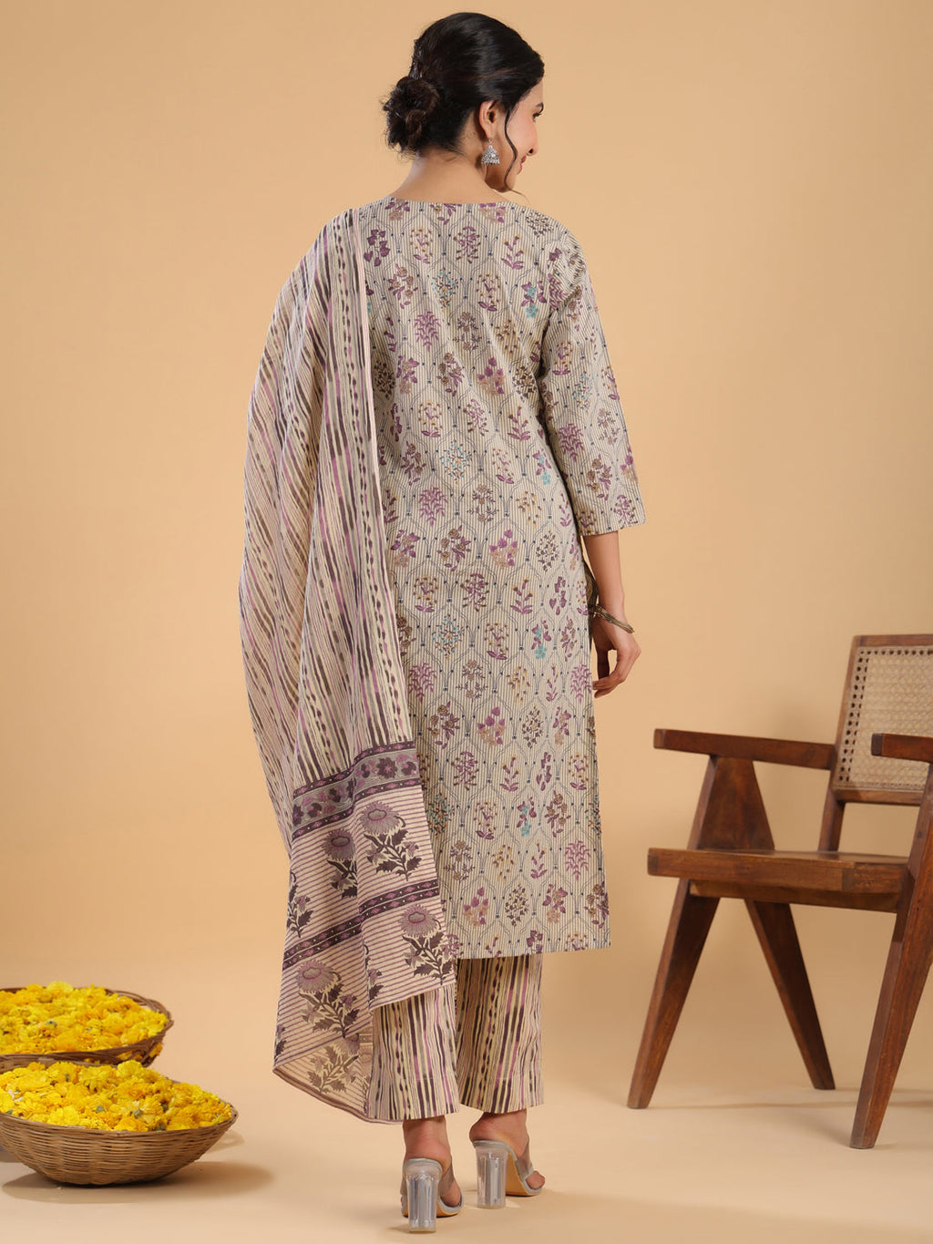 Janasya Regular Cotton Cream Floral Notch Neck Kurta,Bottom & Dupatta | Grocsy