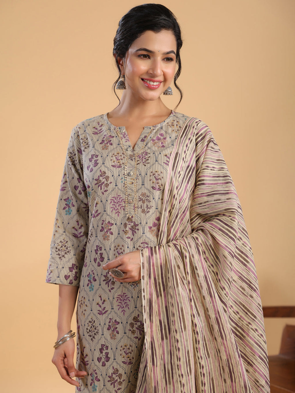 Janasya Regular Cotton Cream Floral Notch Neck Kurta,Bottom & Dupatta | Grocsy