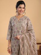 Janasya Regular Cotton Cream Floral Notch Neck Kurta,Bottom & Dupatta | Grocsy