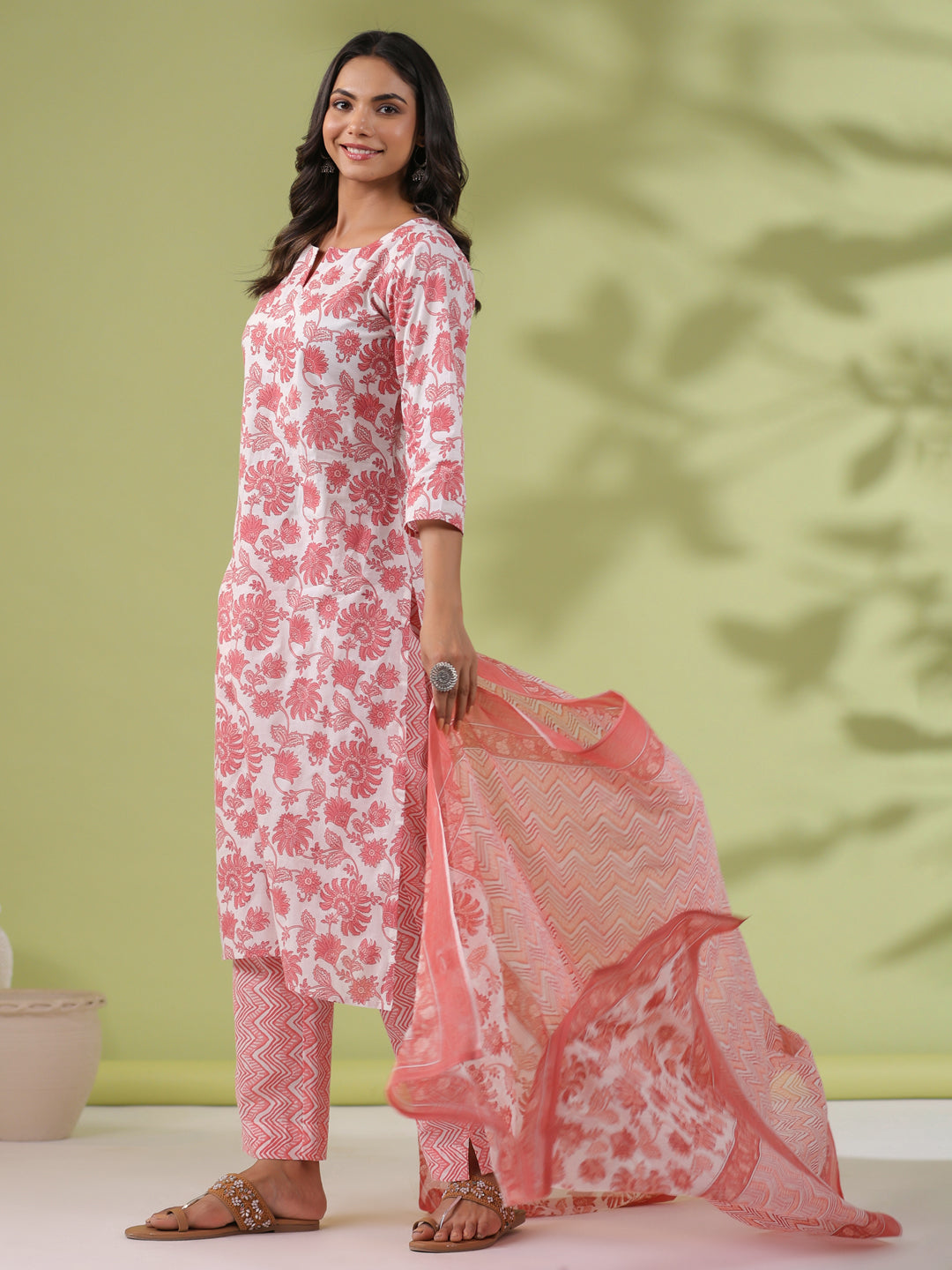 Janasya Straight Cambric White Floral Notch Neck Set | Grocsy