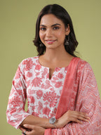 Janasya Straight Cambric White Floral Notch Neck Set | Grocsy
