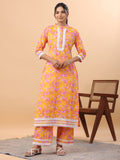 Janasya Straight Cambric Orange Floral Band Collar Kurta & Bottom | Grocsy