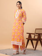 Janasya Straight Cambric Orange Floral Band Collar Kurta & Bottom | Grocsy