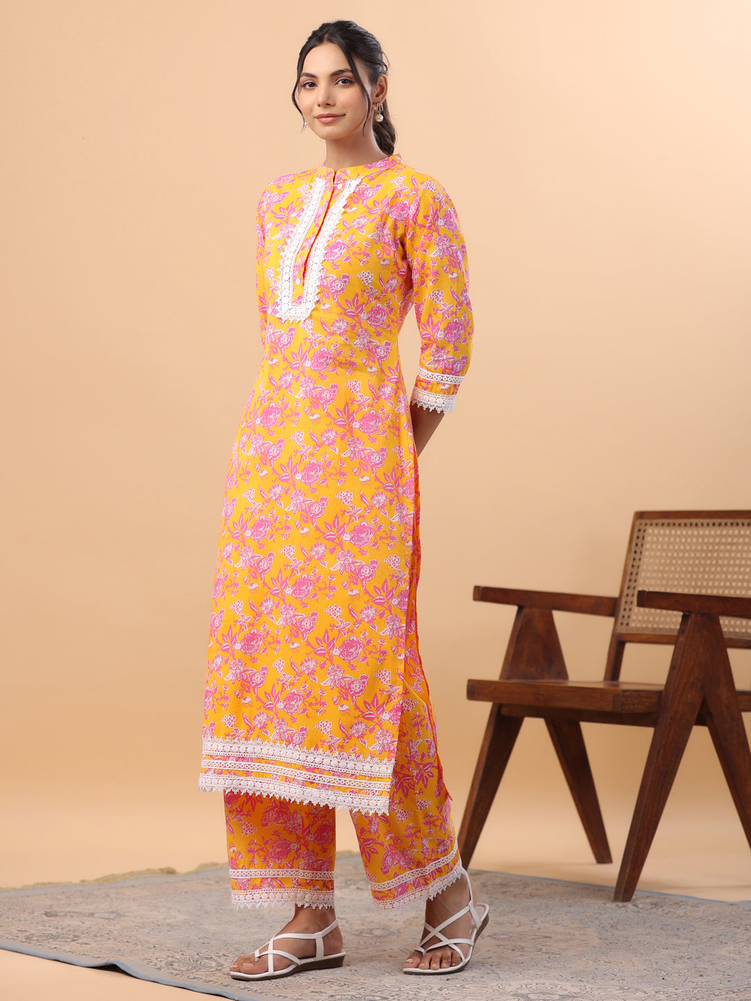 Janasya Straight Cambric Orange Floral Band Collar Kurta & Bottom | Grocsy