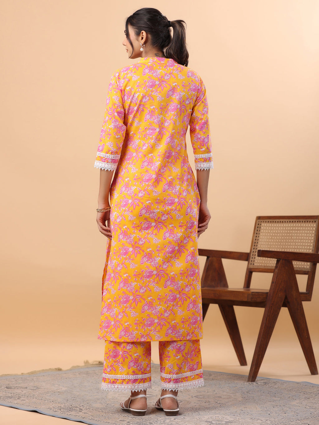 Janasya Straight Cambric Orange Floral Band Collar Kurta & Bottom | Grocsy