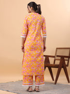 Janasya Straight Cambric Orange Floral Band Collar Kurta & Bottom | Grocsy