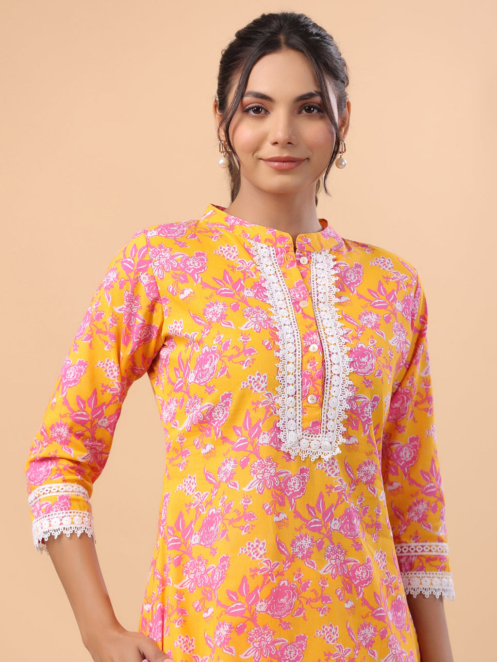 Janasya Straight Cambric Orange Floral Band Collar Kurta & Bottom | Grocsy