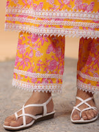 Janasya Straight Cambric Orange Floral Band Collar Kurta & Bottom | Grocsy