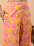 Janasya Straight Cambric Orange Floral Band Collar Kurta & Bottom | Grocsy