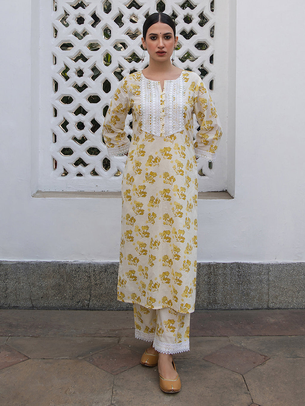 Janasya Straight Cambric Off White Floral Notch Neck Kurta & Bottom | Grocsy