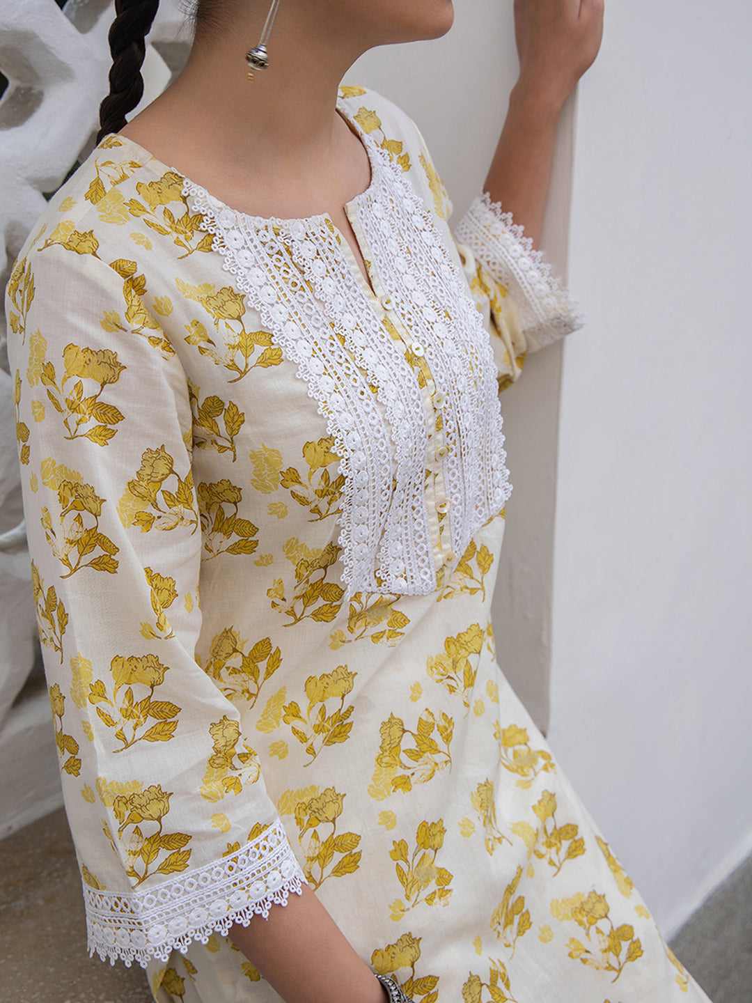 Janasya Straight Cambric Off White Floral Notch Neck Kurta & Bottom | Grocsy