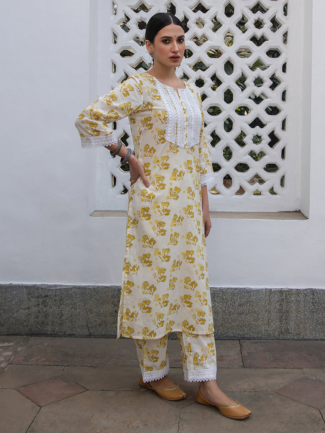Janasya Straight Cambric Off White Floral Notch Neck Kurta & Bottom | Grocsy