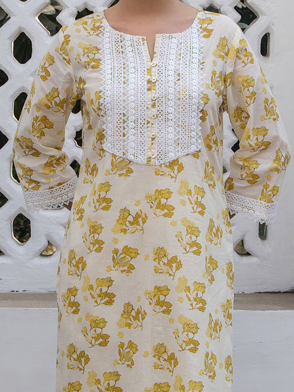 Janasya Straight Cambric Off White Floral Notch Neck Kurta & Bottom | Grocsy
