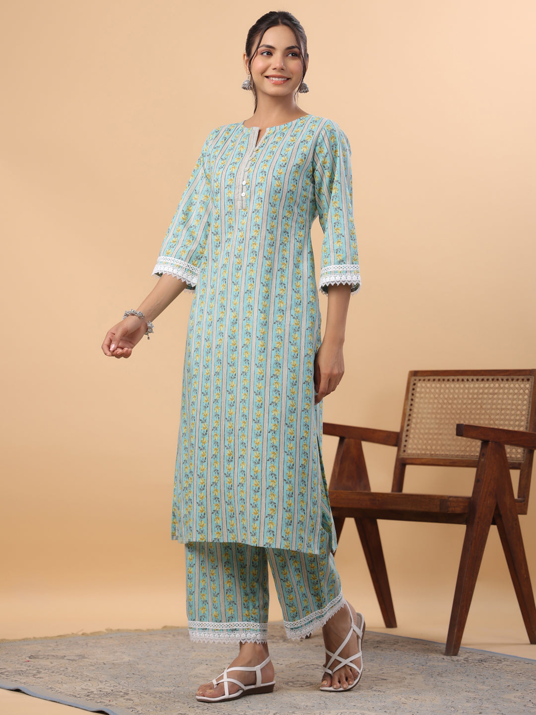 Janasya Regular Cambric Light Blue Floral Notch Neck Set | Grocsy