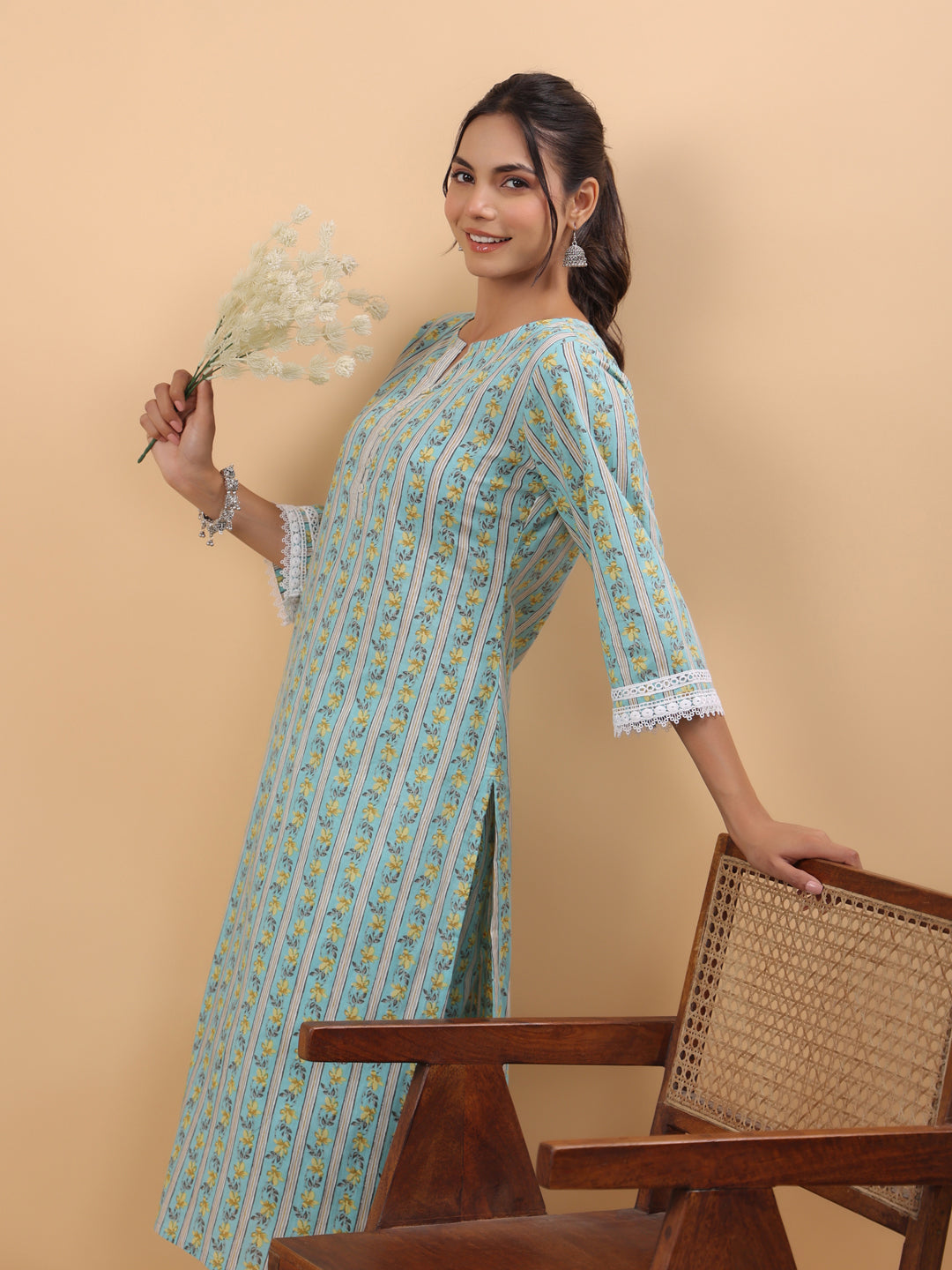 Janasya Regular Cambric Light Blue Floral Notch Neck Set | Grocsy