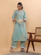 Janasya Regular Cambric Light Blue Floral Notch Neck Set | Grocsy