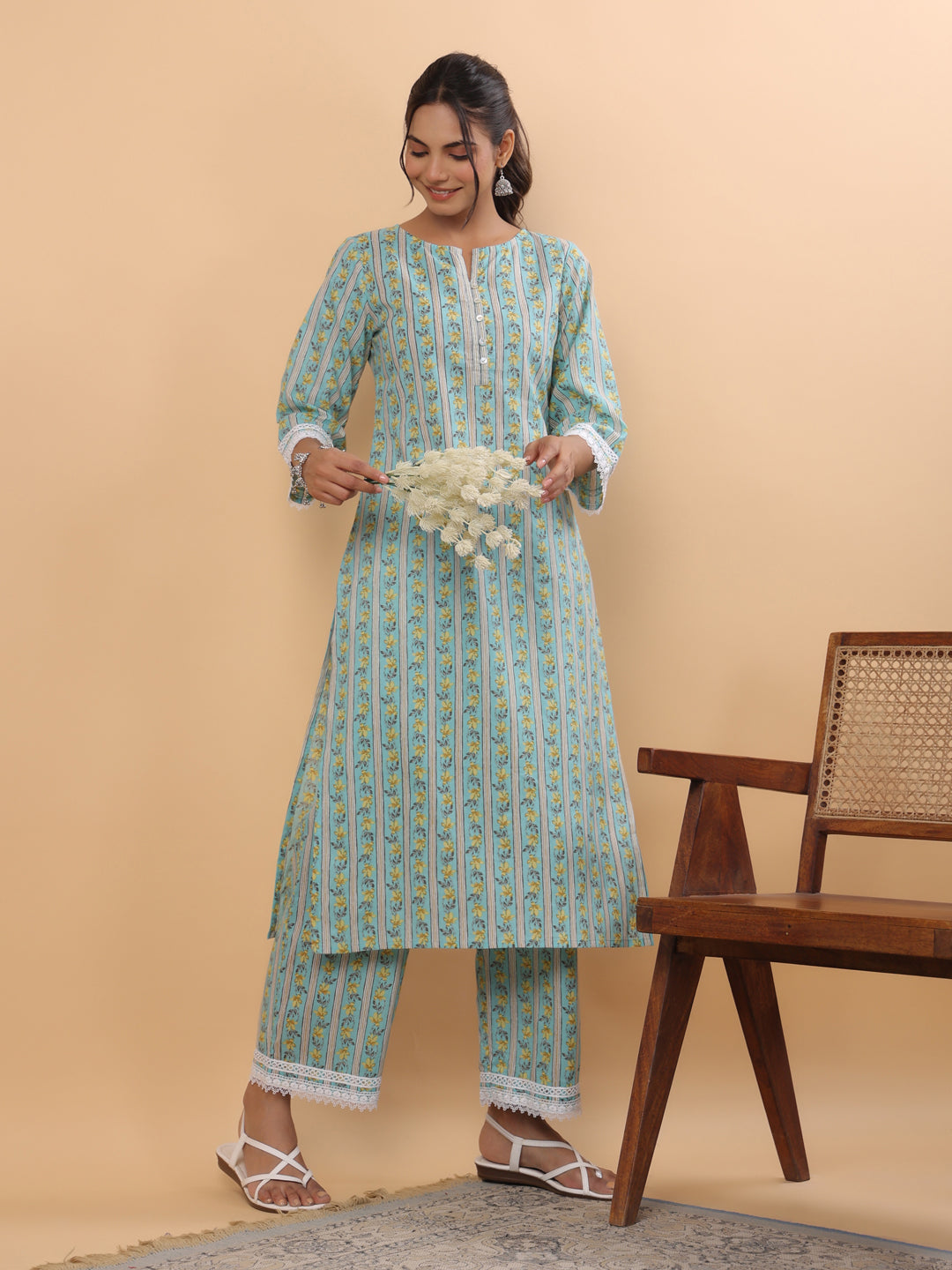 Janasya Regular Cambric Light Blue Floral Notch Neck Set | Grocsy