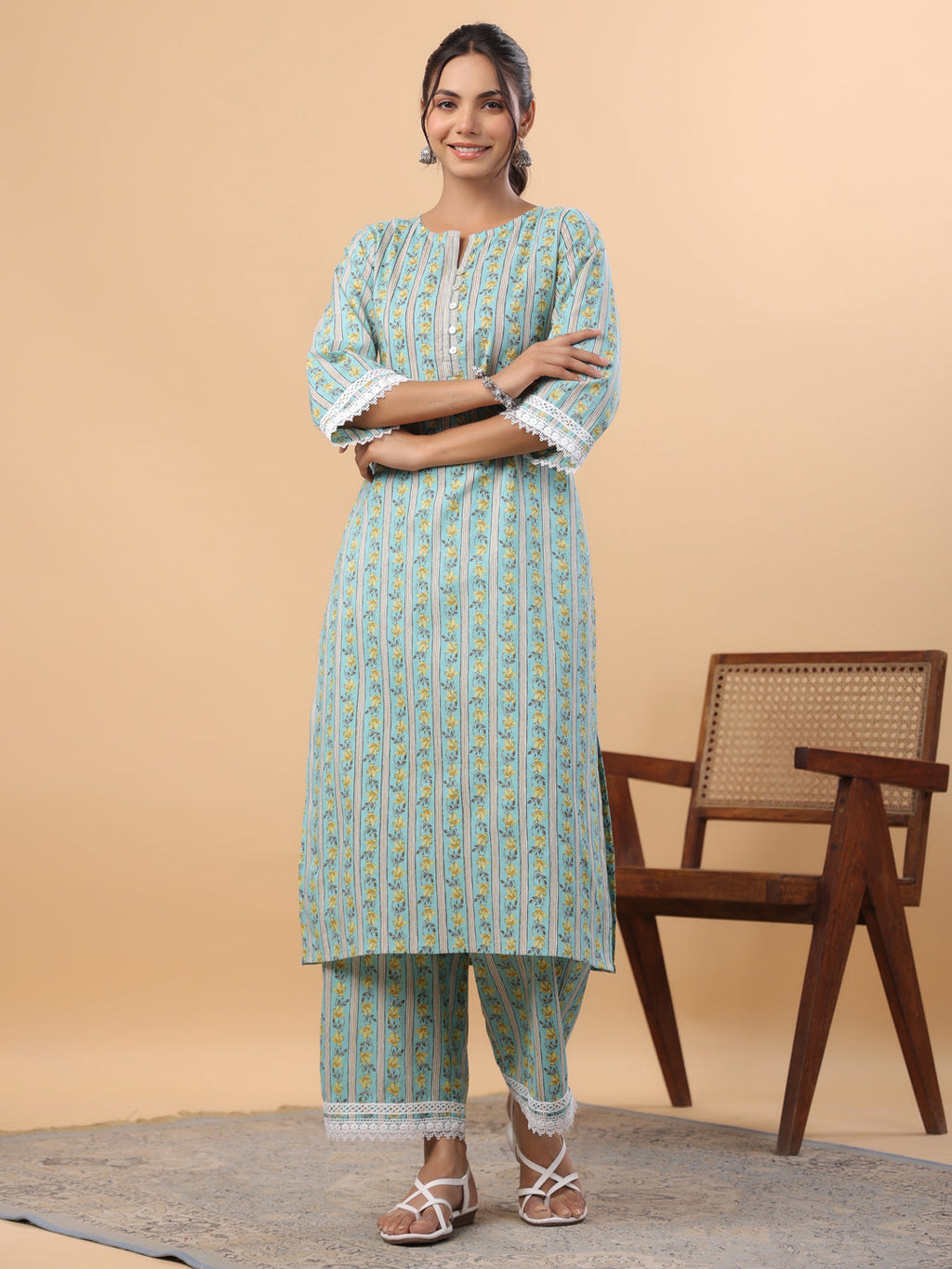 Janasya Regular Cambric Light Blue Floral Notch Neck Set | Grocsy