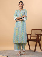 Janasya Regular Cambric Light Blue Floral Notch Neck Set | Grocsy