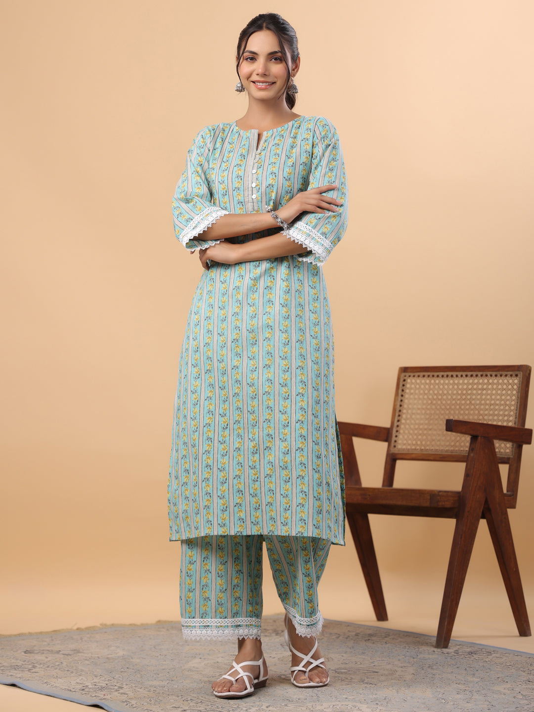 Janasya Regular Cambric Light Blue Floral Notch Neck Set | Grocsy