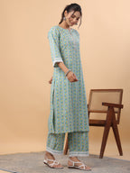 Janasya Regular Cambric Light Blue Floral Notch Neck Set | Grocsy