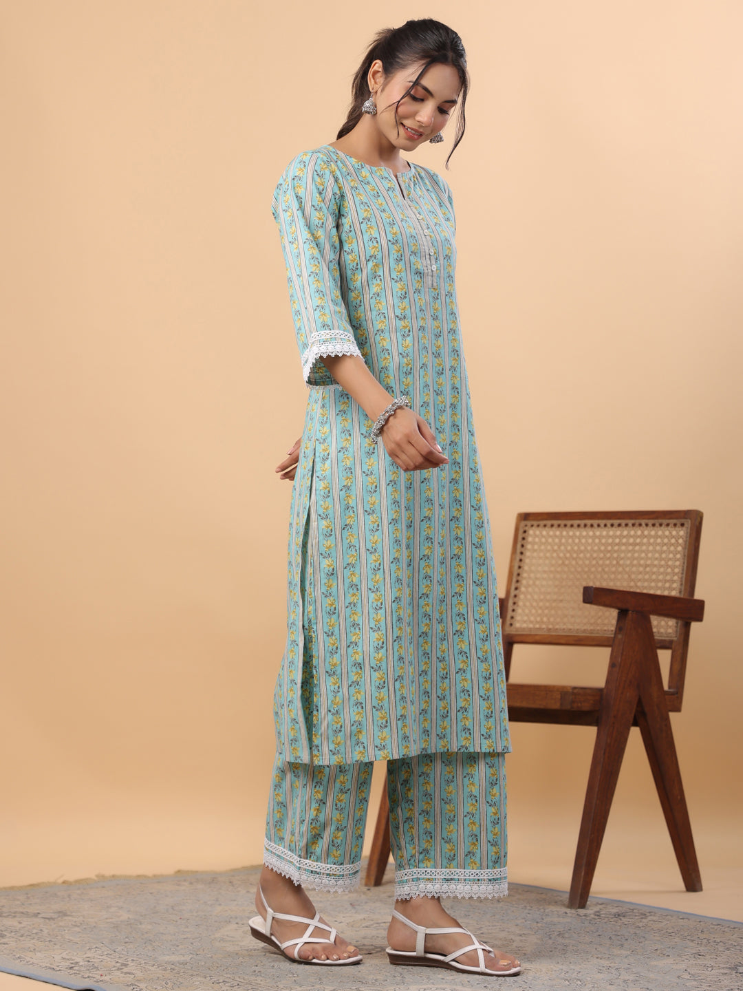 Janasya Regular Cambric Light Blue Floral Notch Neck Set | Grocsy