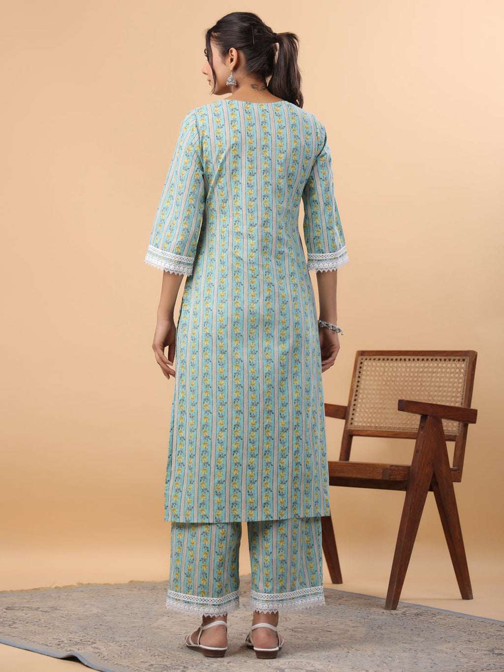 Janasya Regular Cambric Light Blue Floral Notch Neck Set | Grocsy