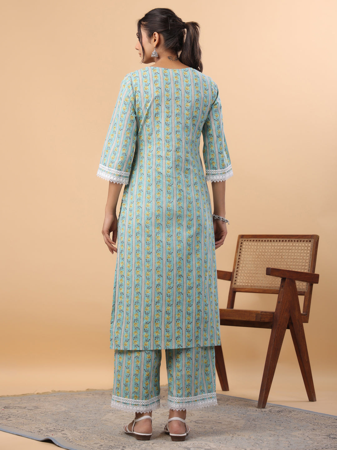 Janasya Regular Cambric Light Blue Floral Notch Neck Set | Grocsy