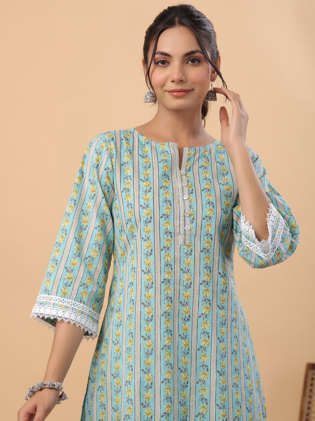 Janasya Regular Cambric Light Blue Floral Notch Neck Set | Grocsy