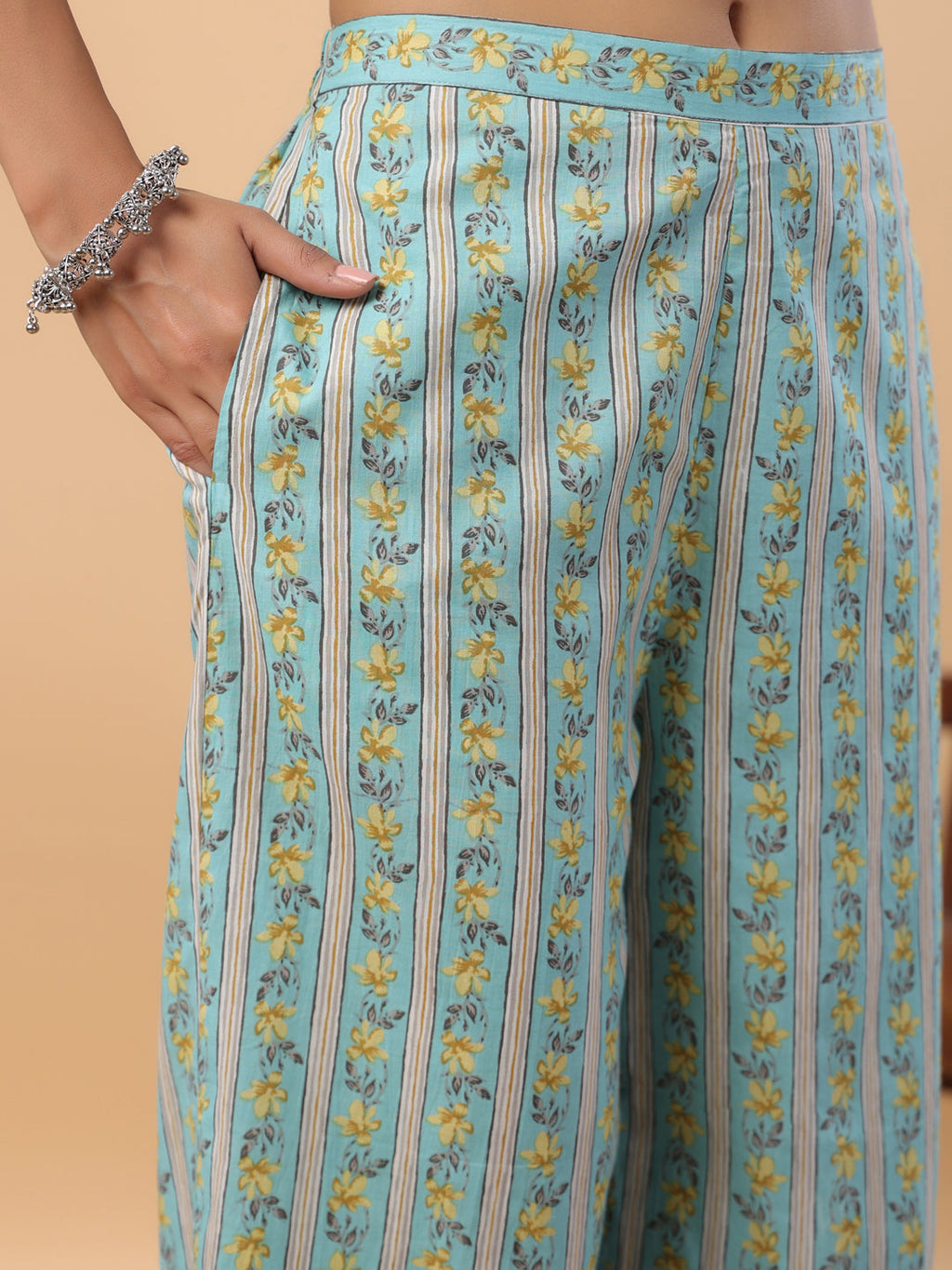 Janasya Regular Cambric Light Blue Floral Notch Neck Set | Grocsy