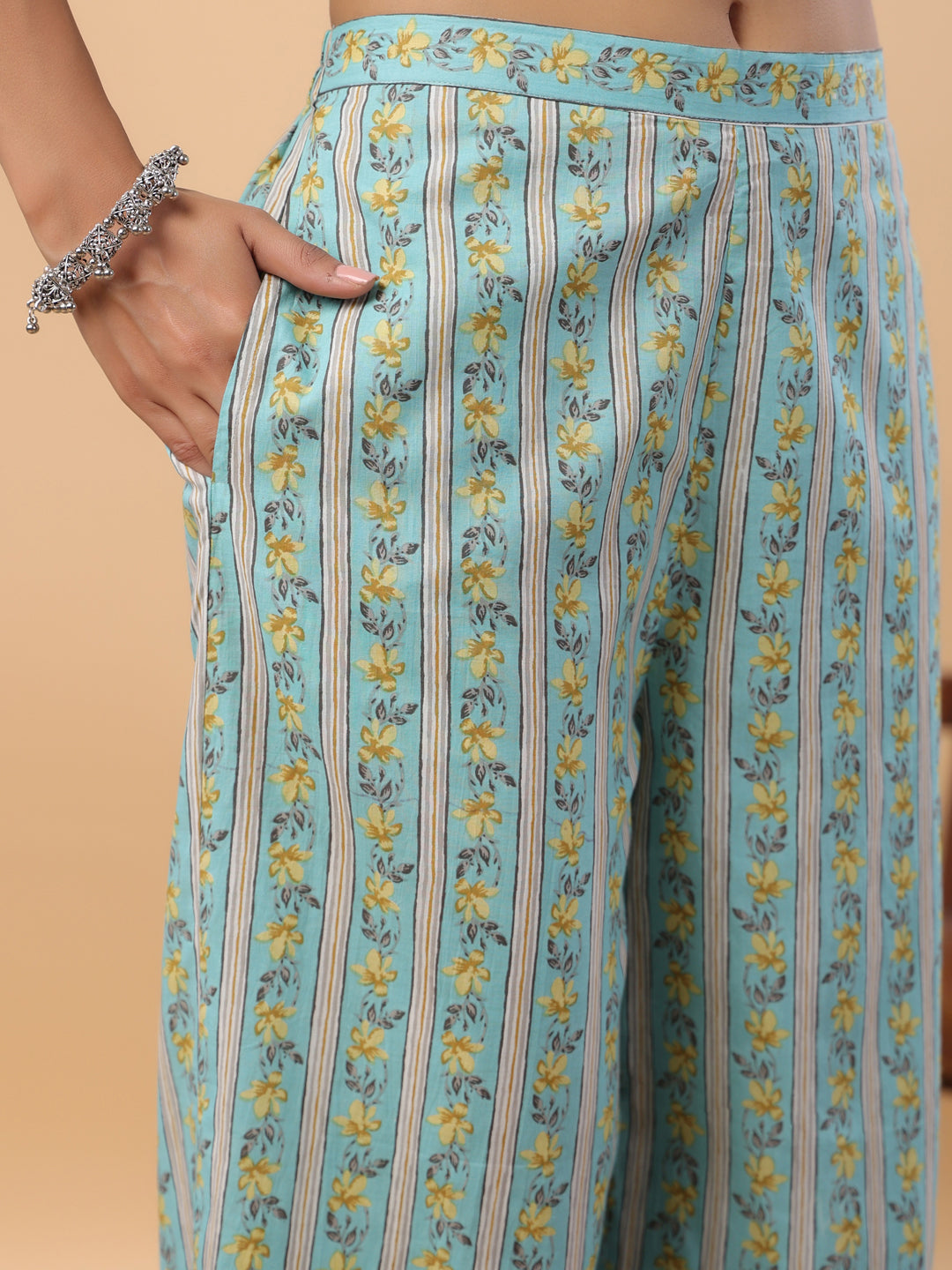 Janasya Regular Cambric Light Blue Floral Notch Neck Set | Grocsy