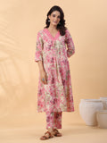 Janasya Gathered Cambric Cream Abstract V-Neck Kurta & Bottom | Grocsy