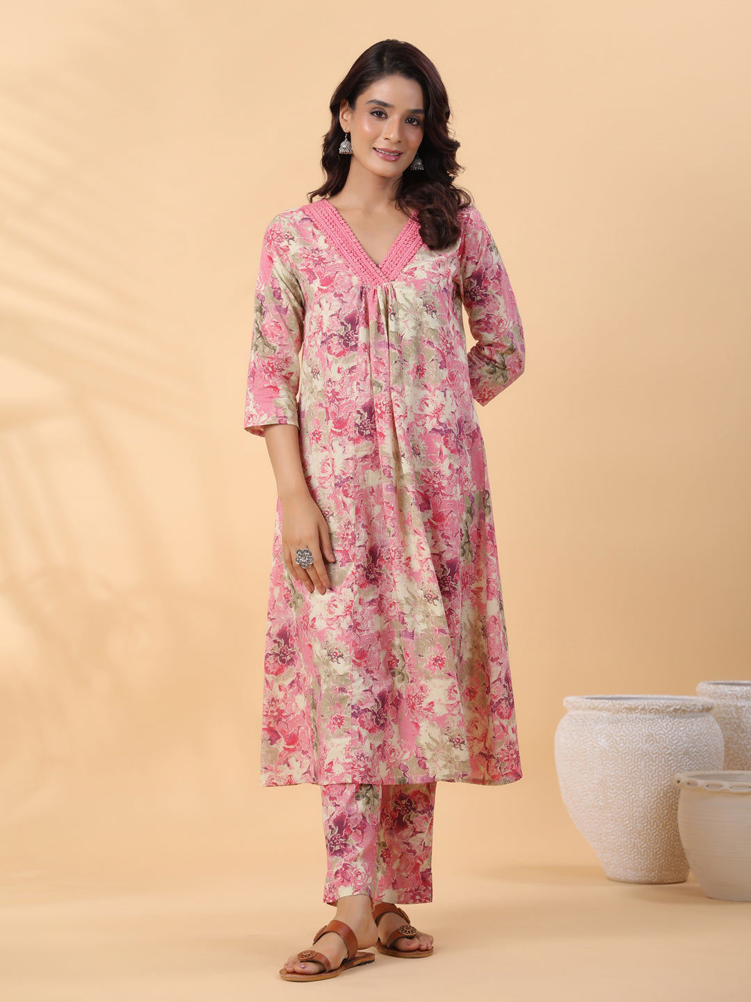 Janasya Gathered Cambric Cream Abstract V-Neck Kurta & Bottom | Grocsy