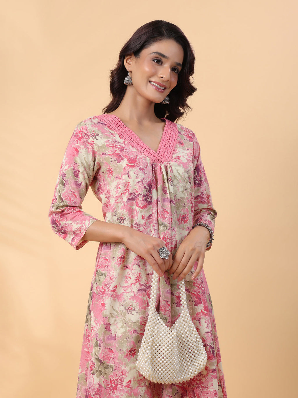 Janasya Gathered Cambric Cream Abstract V-Neck Kurta & Bottom | Grocsy