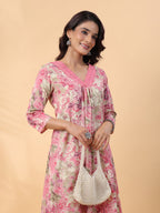 Janasya Gathered Cambric Cream Abstract V-Neck Kurta & Bottom | Grocsy