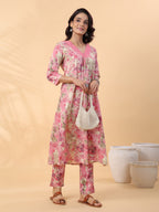 Janasya Gathered Cambric Cream Abstract V-Neck Kurta & Bottom | Grocsy