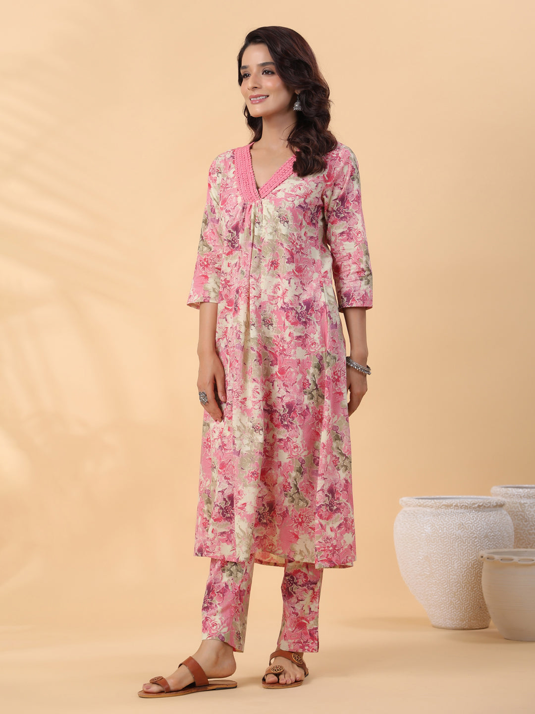 Janasya Gathered Cambric Cream Abstract V-Neck Kurta & Bottom | Grocsy