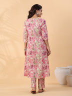 Janasya Gathered Cambric Cream Abstract V-Neck Kurta & Bottom | Grocsy