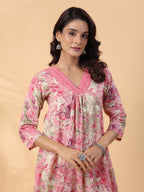 Janasya Gathered Cambric Cream Abstract V-Neck Kurta & Bottom | Grocsy