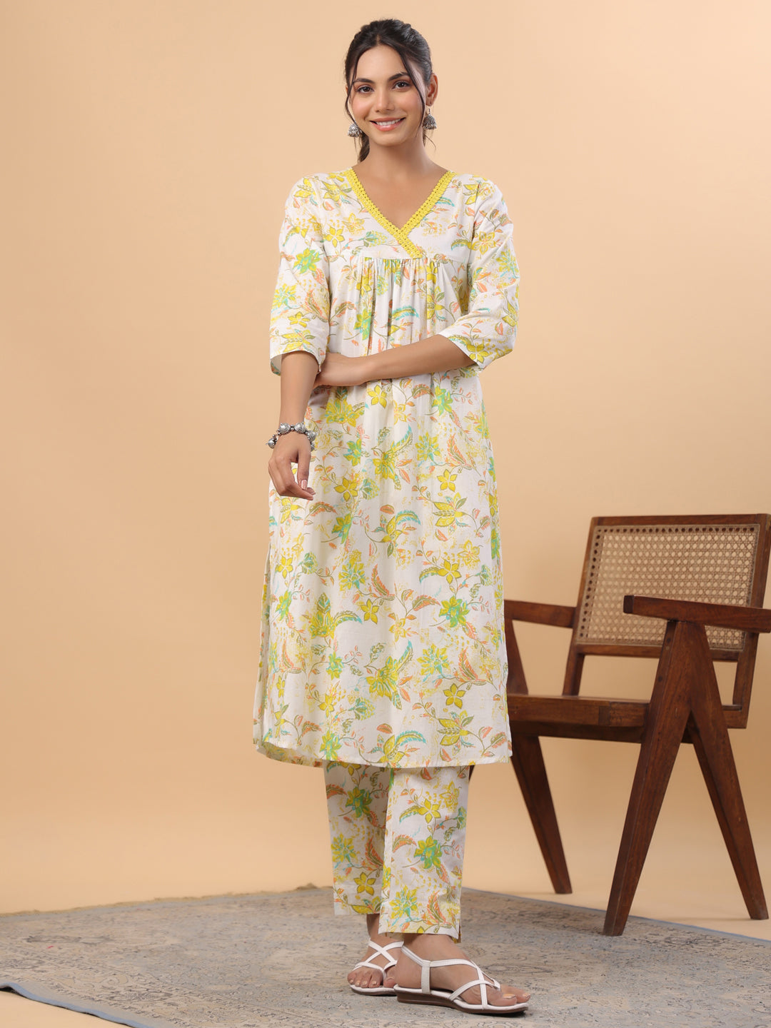 Janasya A-Line Cambric White Floral V-Neck Set | Grocsy