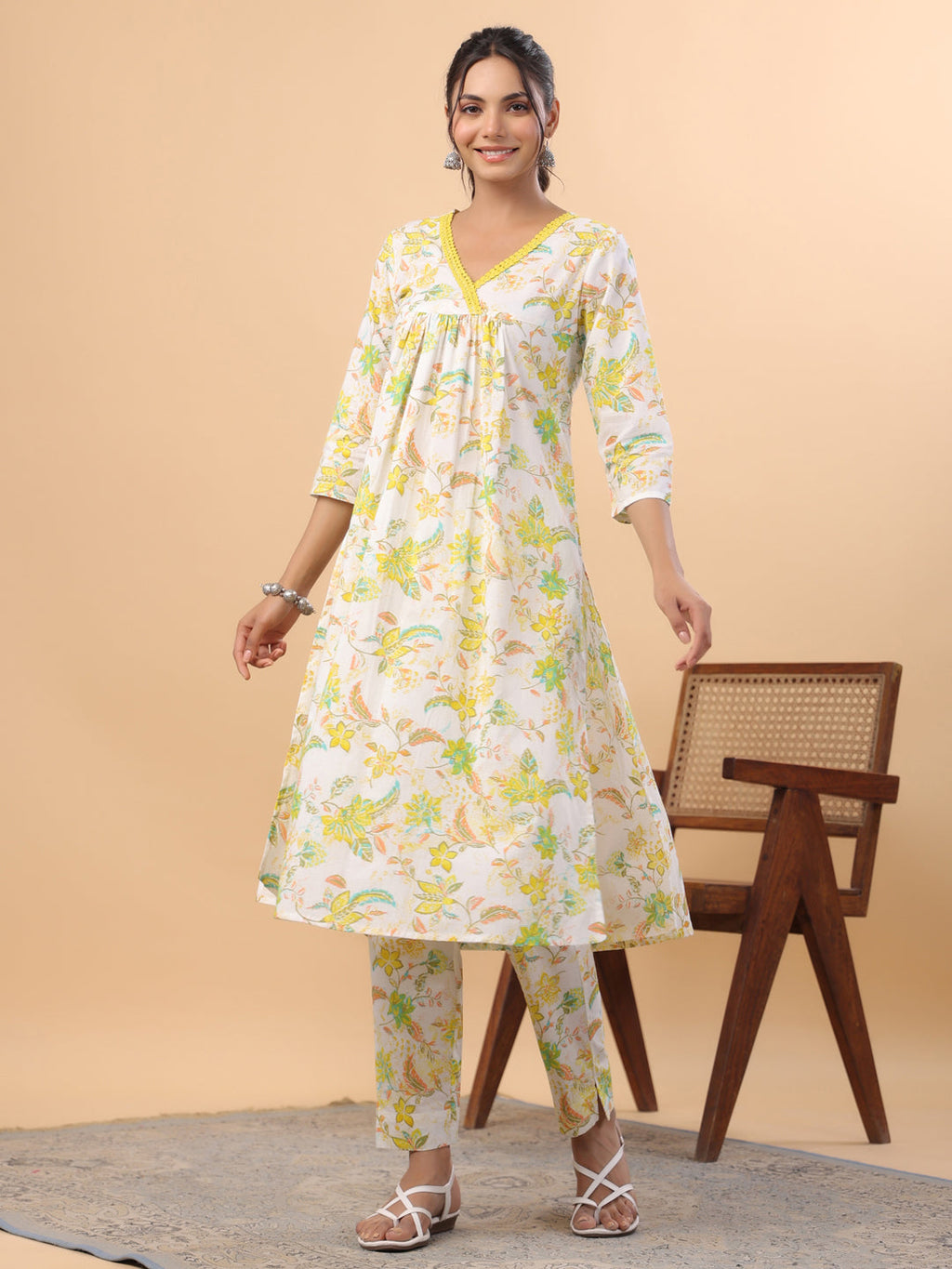 Janasya A-Line Cambric White Floral V-Neck Set | Grocsy