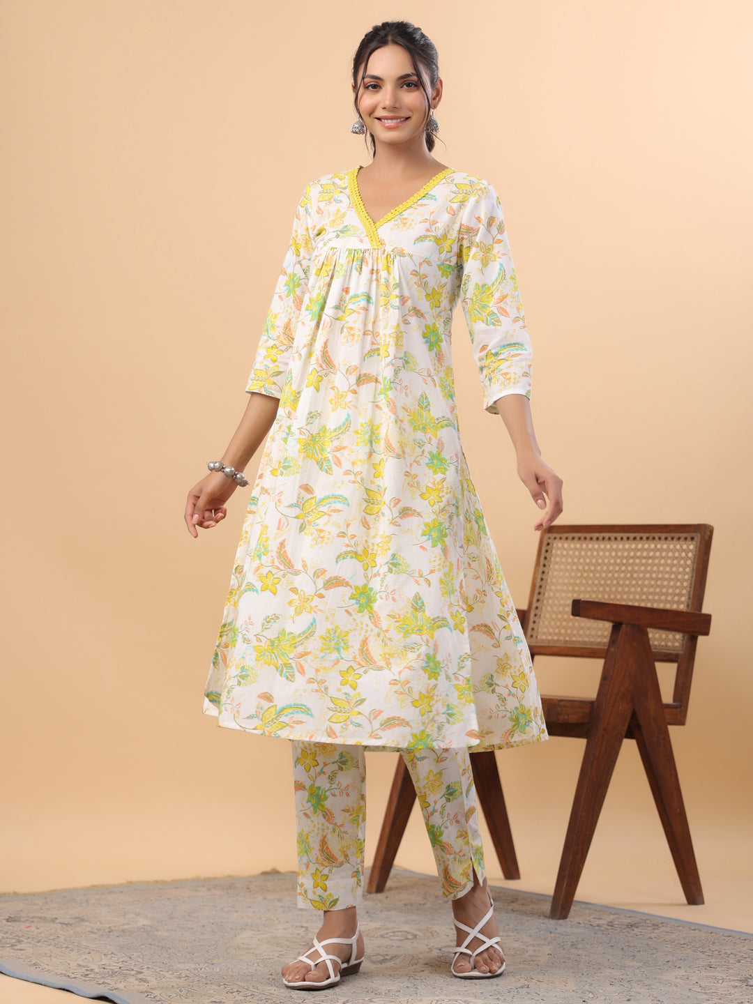 Janasya A-Line Cambric White Floral V-Neck Set | Grocsy