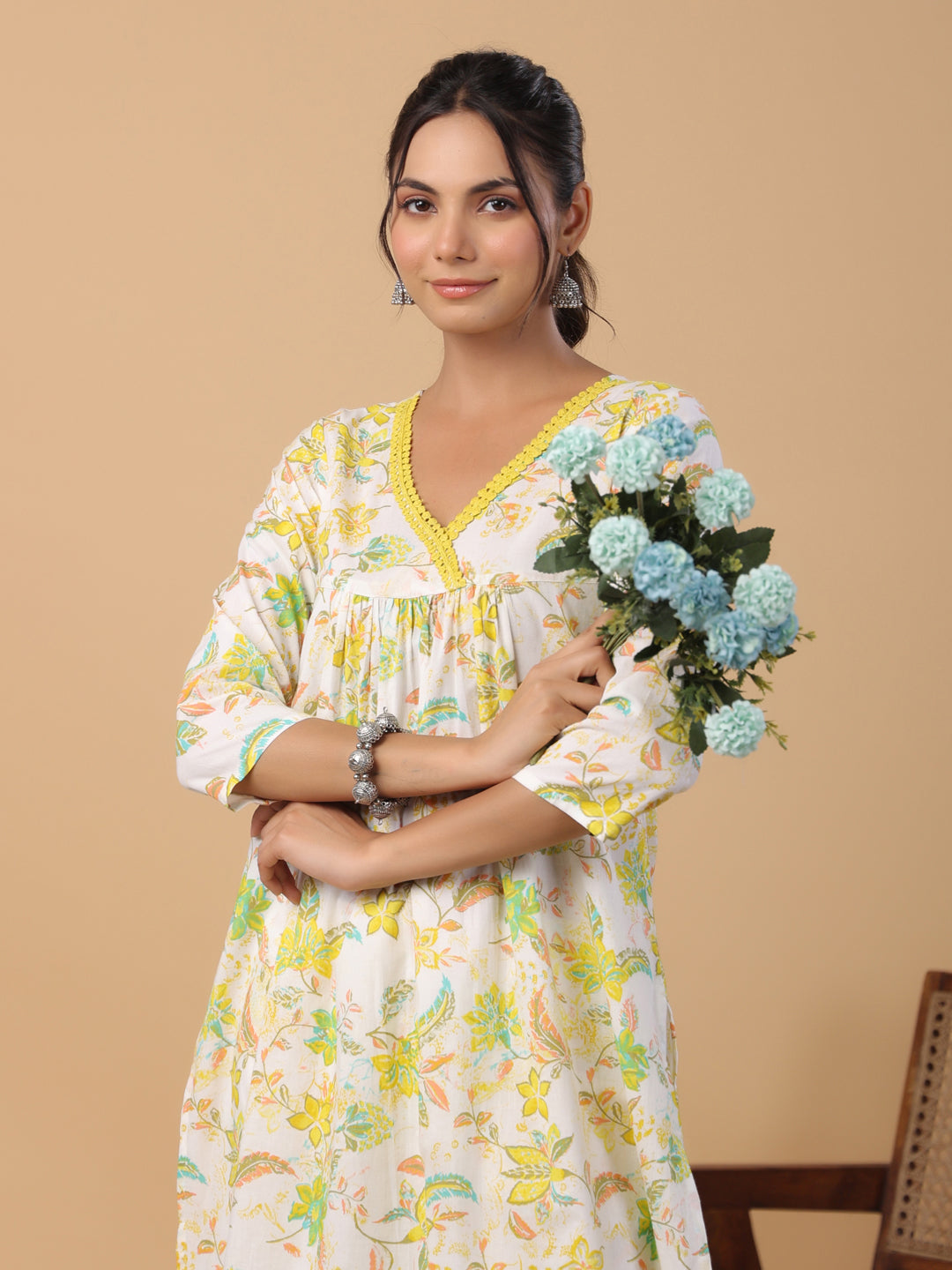 Janasya A-Line Cambric White Floral V-Neck Set | Grocsy
