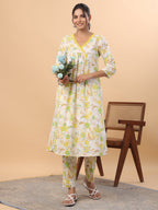 Janasya A-Line Cambric White Floral V-Neck Set | Grocsy