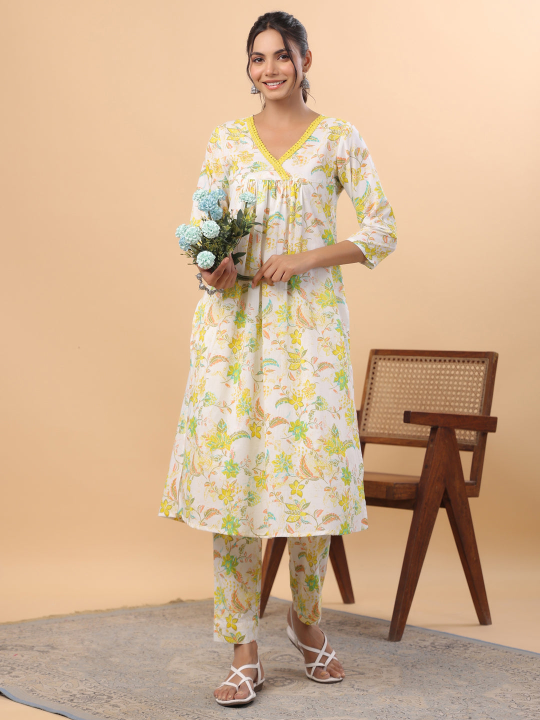 Janasya A-Line Cambric White Floral V-Neck Set | Grocsy