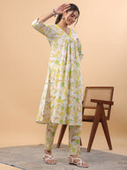 Janasya A-Line Cambric White Floral V-Neck Set | Grocsy