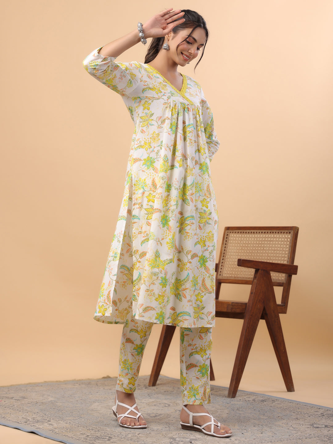Janasya A-Line Cambric White Floral V-Neck Set | Grocsy