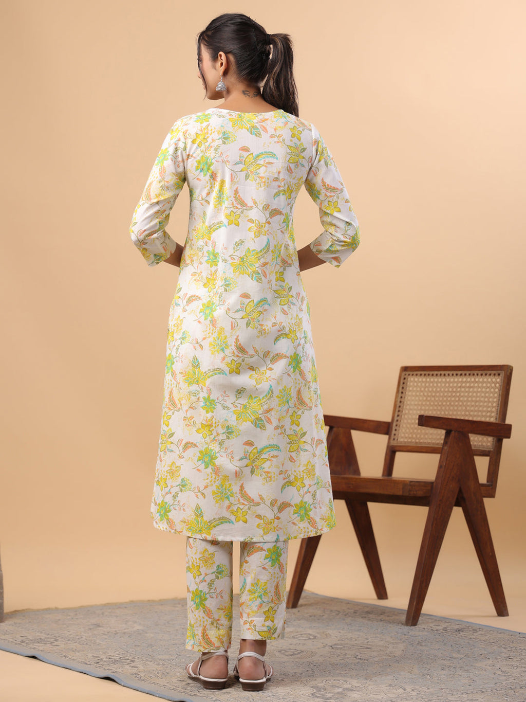 Janasya A-Line Cambric White Floral V-Neck Set | Grocsy