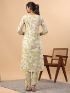 Janasya A-Line Cambric White Floral V-Neck Set | Grocsy