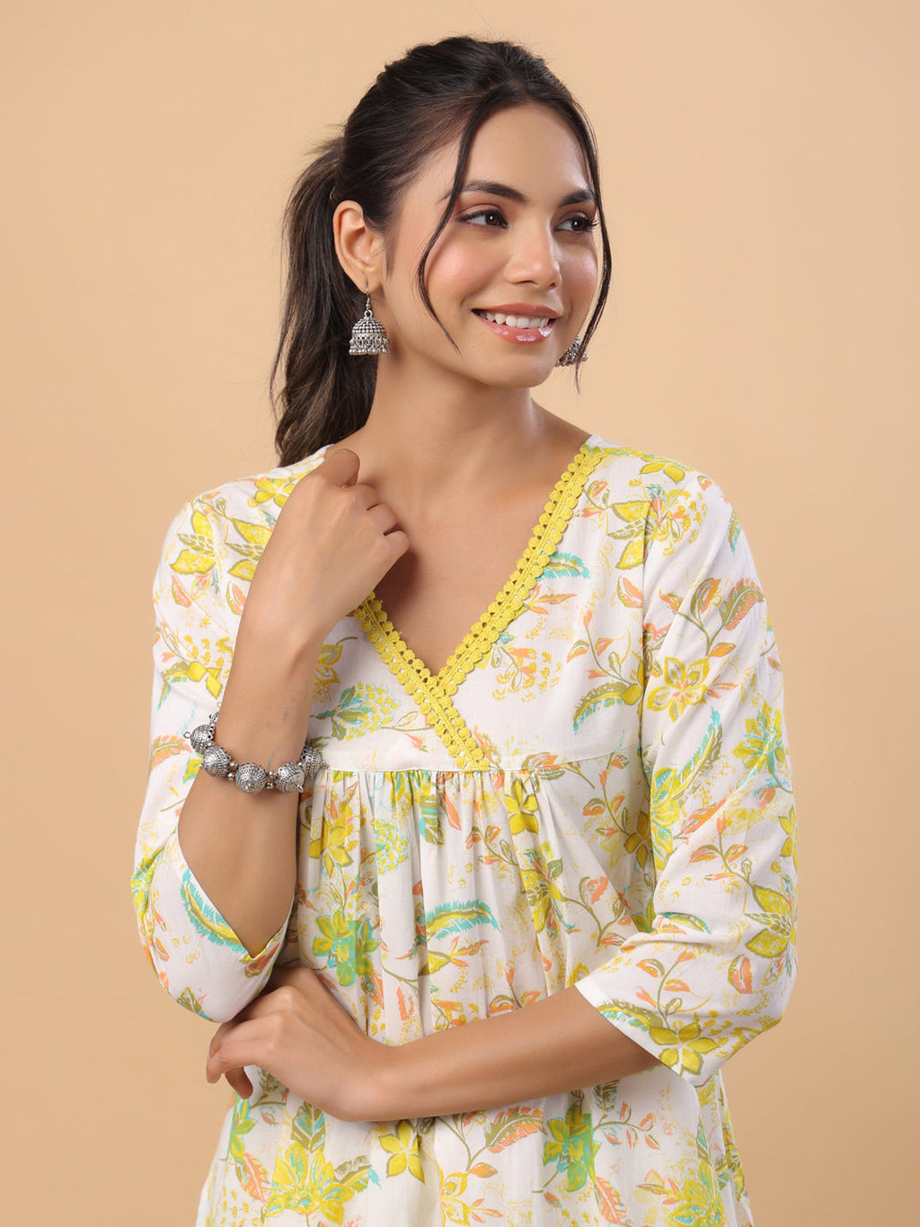 Janasya A-Line Cambric White Floral V-Neck Set | Grocsy